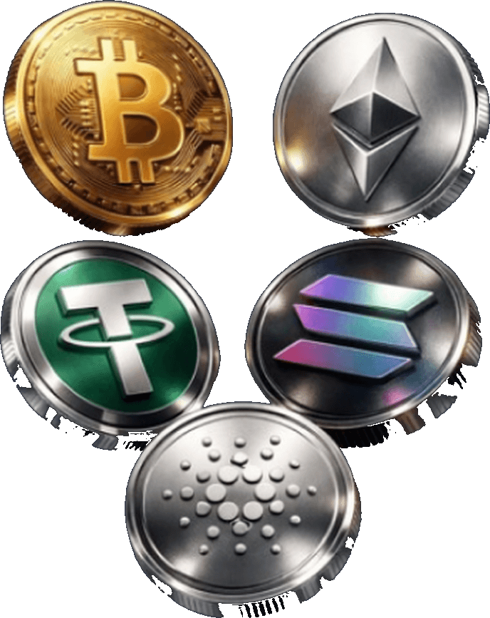 Bitcoin, Ethereum, Tether, Solana and Cardano coins