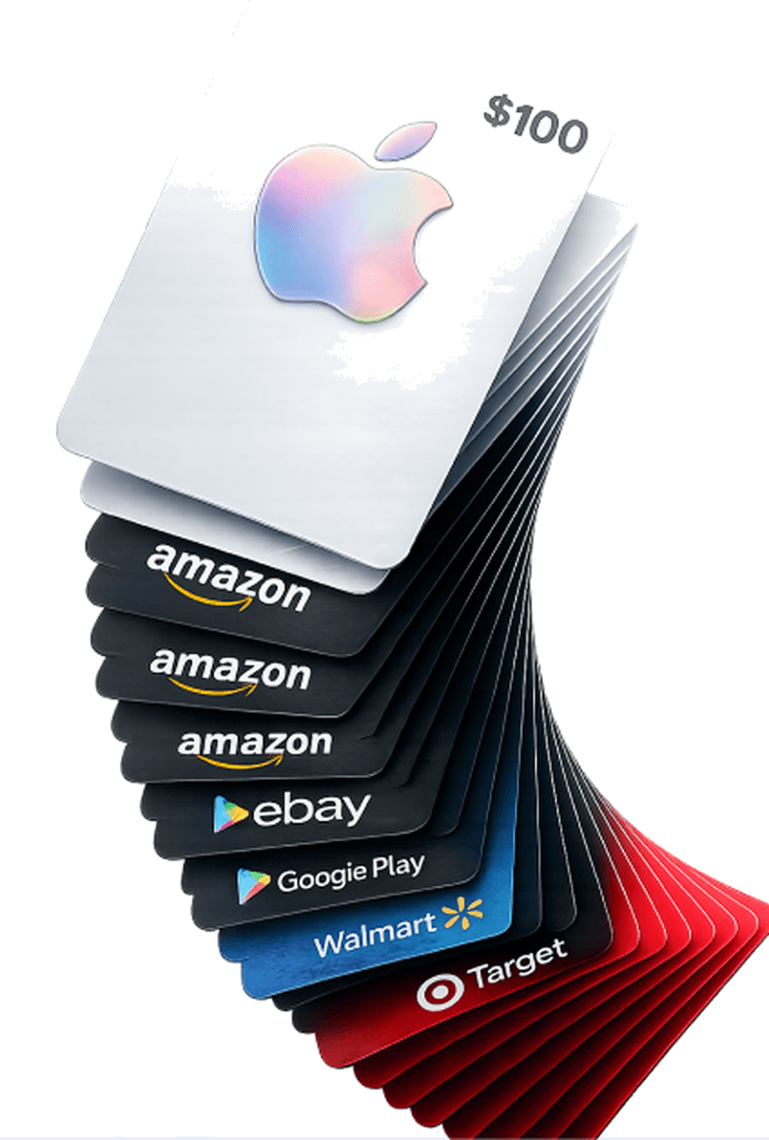 A fanned stack of Apple, Amazon, eBay, Google Play, Walmart and Target gift cards