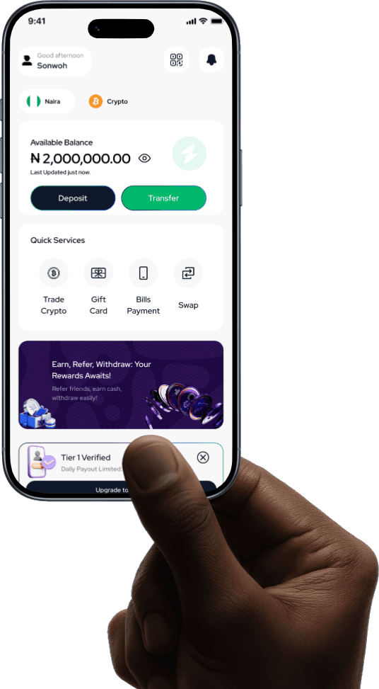 The Sonwoh app showing an available balance, quick services and recent activity