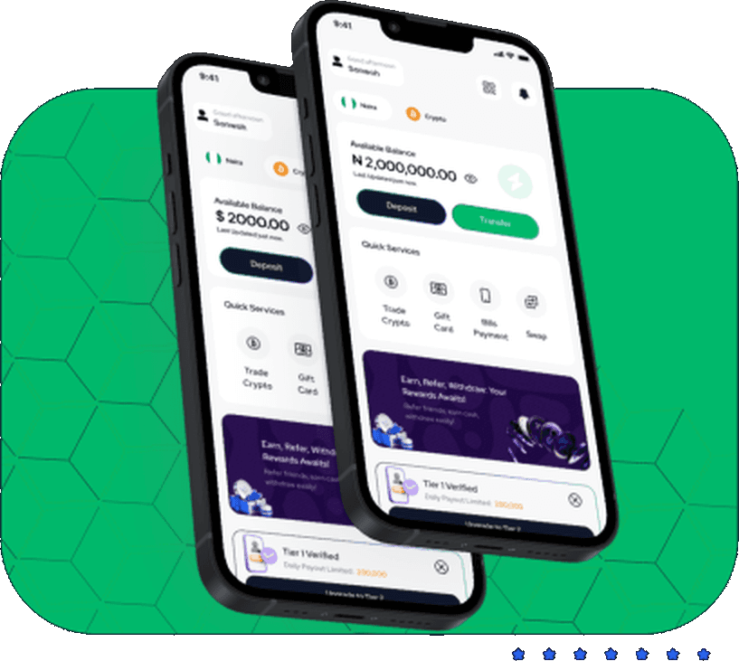 Two phones showing the Sonwoh balance, quick services and rewards screens