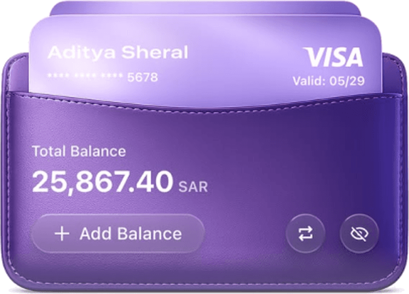 A purple wallet holding a Sonwoh Visa card with a balance of 25,867.40